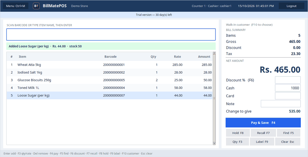BillMatePOS billing screen with scanned items, bill summary, cash and change to give