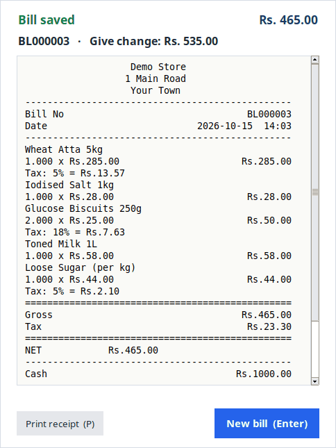Bill saved window with the receipt preview and change to give